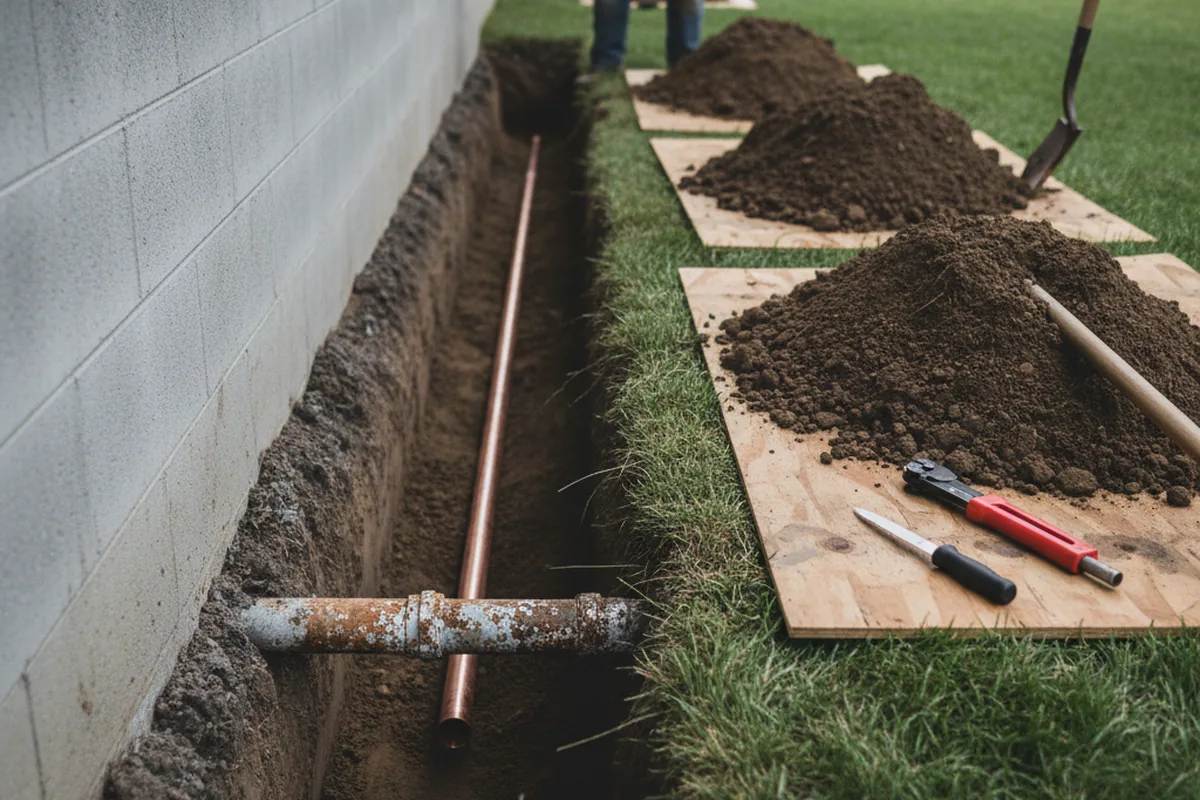 Excavated water line trench during Sewer Line Repair in Chagrin Falls